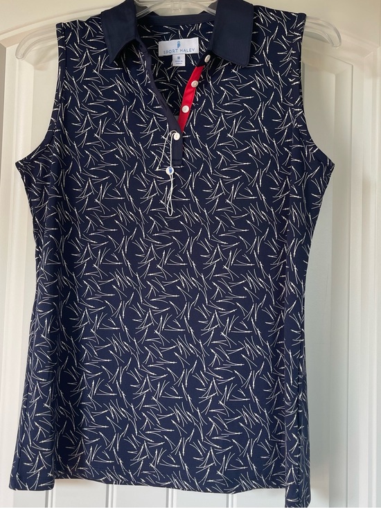 Sport Haley Tops - Sport Haley Navy Sleeveless Polo with White Leaf Print and Red Placket